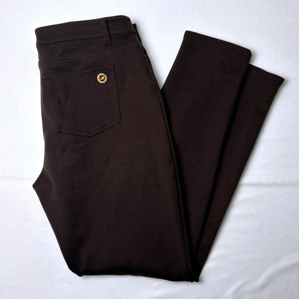 Michael Kors Womens Stretch Ponte Slim Straight Leg Pants Size 10 Brown Career